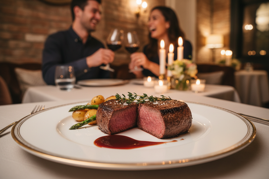 Filet Mignon with a couple behind cheering in a romantic dinner