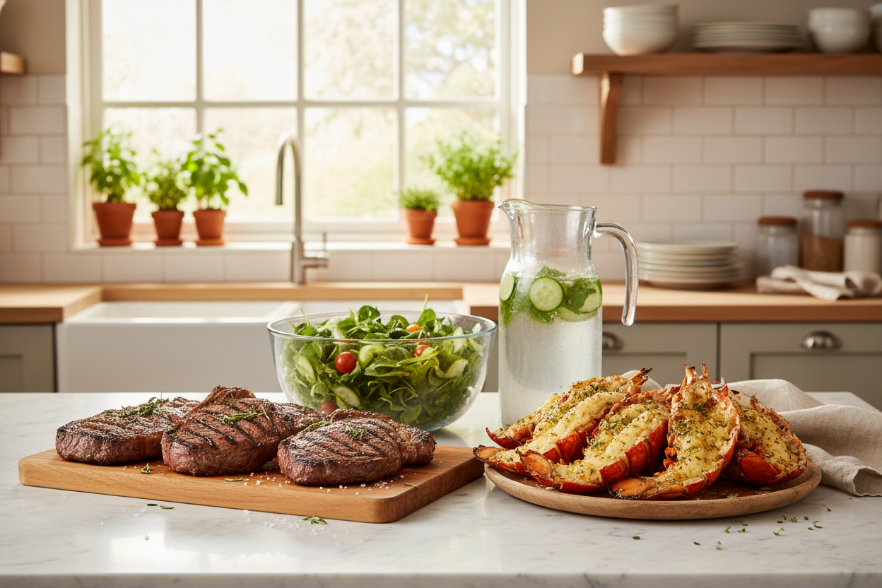 Fotografía profesional de una encimera de cocina de mármol blanco donde descansan los 4 filetes y las 4 colas de langosta recién salidos de la parrilla. Acompañado de un bol de ensalada verde fresca y una jarra de agua con pepino. Al fondo, una ventana con plantas aromáticas y luz natural brillante. El estilo es de una casa real, acogedora y limpia. Transmite la alegría de cocinar para los seres queridos y el cuidado del cuerpo. 4k, estilo de vida saludable