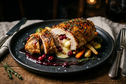 Stuffed chicken with brie and cranberry, plated