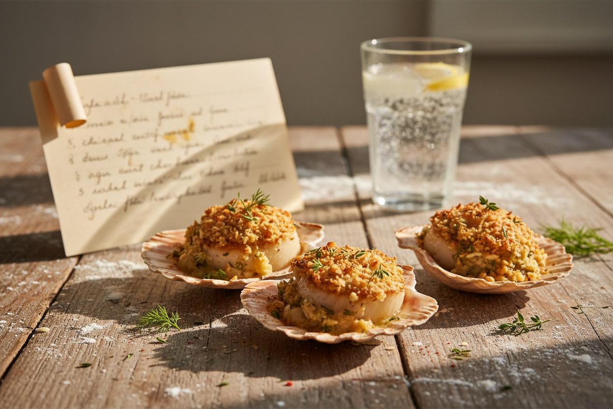 Hyper-realistic close-up of healthy stuffed scallops served in their natural shells on a rustic, weathered wooden farmhouse table. The scallops are topped with a golden, toasted gluten-free almond and herb crust. In the soft, blurred background, a vintage handwritten recipe card with flour dust and a glass of sparkling water are visible. Warm, late-afternoon sunlight (golden hour) streams through a window, creating long, soft shadows. Style: Authentic, soulful, domestic warmth."