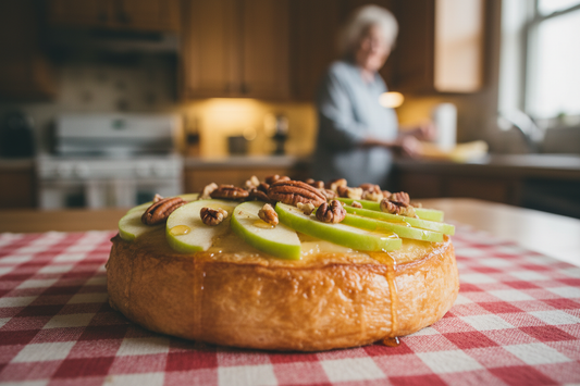 "Hyper-realistic, close-up photograph of a warm, golden-brown baked brie wheel topped with thinly sliced green apples, pecans, and a light drizzle of honey. It sits on a vintage, slightly worn, red-and-white checkered tablecloth. The background is a soft-focus bustling kitchen with a slightly blurred grandmother figure smiling. Warm, cozy ambient lighting, shallow depth of field. Style: Nostalgic, wholesome, genuine, family gathering."