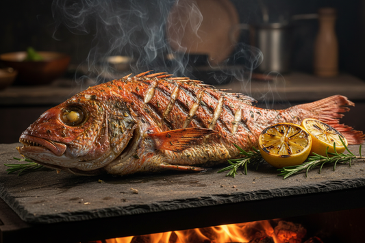 "Hyper-realistic food photography of a whole Red Snapper being grilled over open charcoal flames. The skin is perfectly crisped and charred with a vibrant red-orange hue. Visible 'grill marks' and a light glistening of herb-infused oil. Wisps of aromatic smoke rising. Plated on a rustic slate board with charred lemon halves and fresh rosemary. Dramatic side-lighting to highlight the flaky texture of the meat. 8k, cinematic, appetizing."