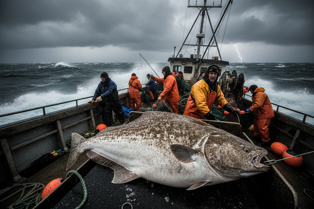 I would like to see some Fishermans capturing this Halibut Fillets – Alaskan Wild Caught in the wild ocean/sea of Alaska in the middle of the storm but the fish should be in front line