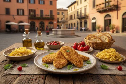 🍗 Ironroot Breaded Italian Chicken Cutlets – healthy dish served in a table of a Italian plaza with some characteristic Italian background and Italian food on the table