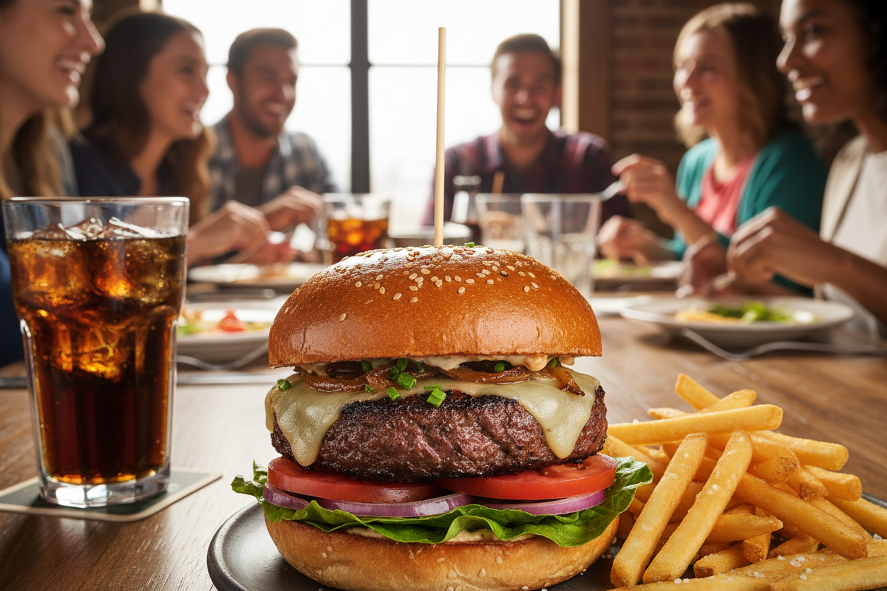 🍔 Ironroot Filet Mignon / Brisket Burger – Clean Power & Balanced Fuel served with fries and soda in a table with friends saving good memories but being focus in showing the burger in first line