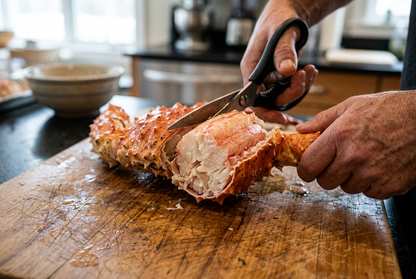 King crab leg cut with kitchen shears