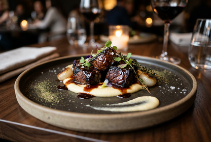 Pan-seared beef tips, plated