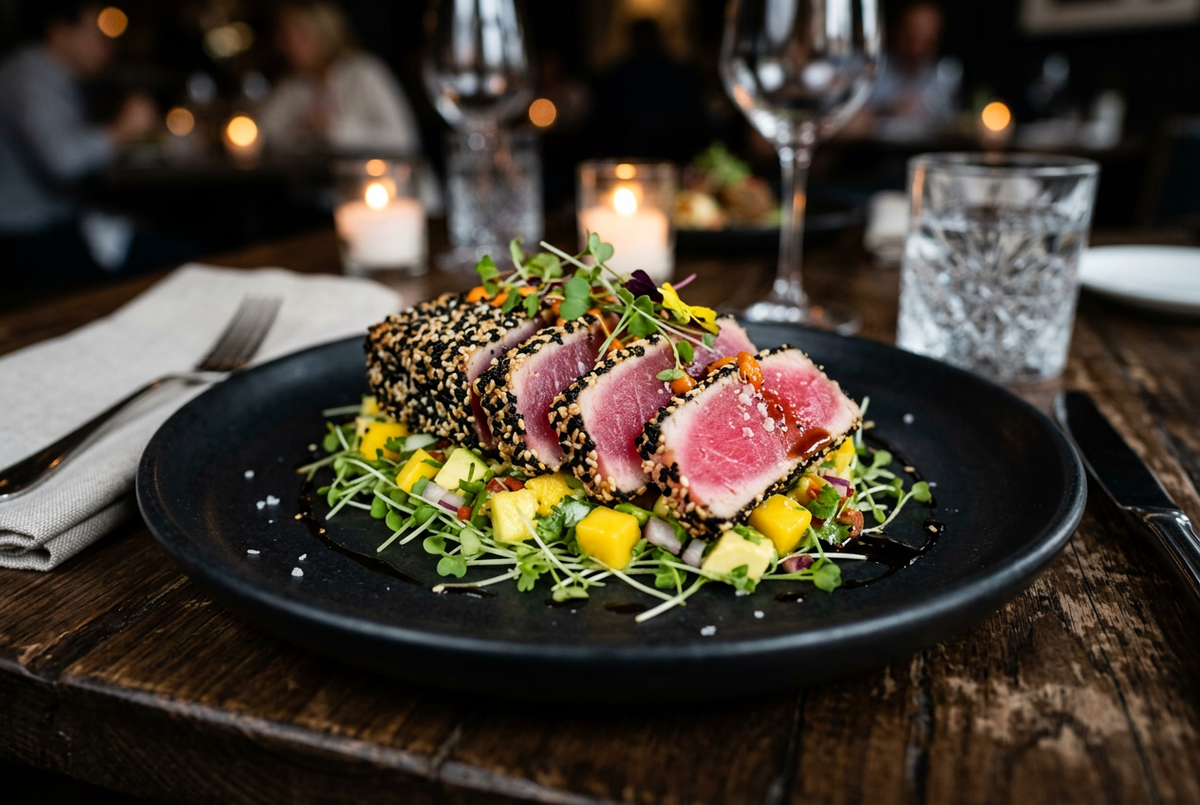 Seared ahi tuna, plated