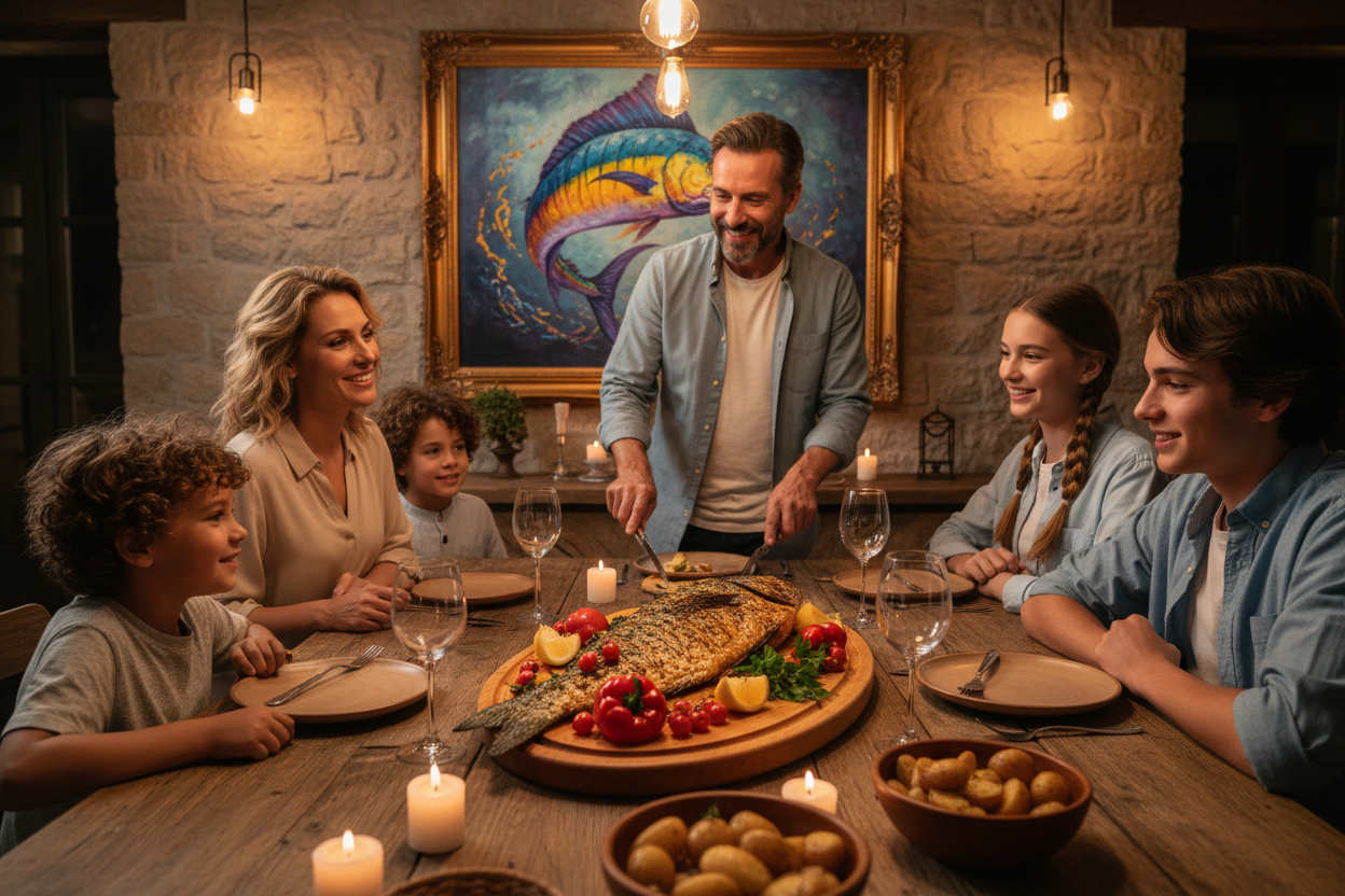 Mahi mahi - I would like to see the family of a fisherman seated on the table, is the father who bring that food, the plate should be en una fuente y la familia entera esperando que el padre lo parta, mientras en la pared de detras aparece un mahi mahi con unos colores espectaculares... La estampa debe ser familiar y la fuente con el pescado debe estar en primera fila y preparada con vegetales