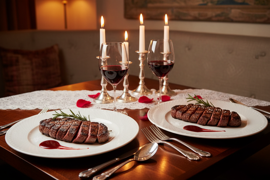 NY Strip Steaks Black Angus in a private romantic dinner with candles