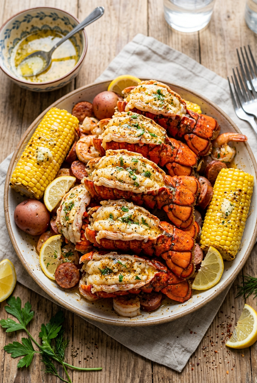 Seafood boil platter with lobster tails