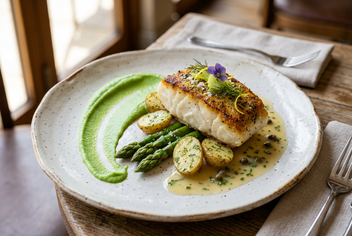 Pan-roasted cod loin, plated