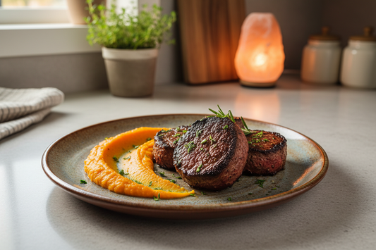 Plano profesional a 45 grados de un plato de cerámica artesanal con medallones de Elce y un puré de batata (camote) color naranja vibrante. El plato está en una encimera de cocina de granito claro. Al fondo, se ve de forma borrosa una cocina real con una pequeña planta de tomillo en la ventana y la luz suave de una lámpara de sal. No es alta cocina pretenciosa; es una cena nutritiva, reconfortante y real. La iluminación es acogedora y doméstica, transmitiendo salud y bienestar. 8k, auténtico."