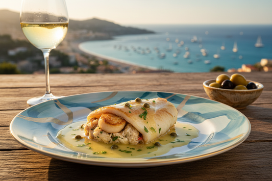 Prompt Idea: "Ultra-realistic food photography of a delicate Sole fillet stuffed with scallops and crab, drizzled with a light lemon-caper butter sauce. Plated on a hand-painted ceramic dish. Background: a blurry, golden-hour view of the French Riviera coastline with turquoise waters and white sailboats. A glass of chilled crisp white wine and a small bowl of olives nearby. 8k resolution, cinematic lighting."