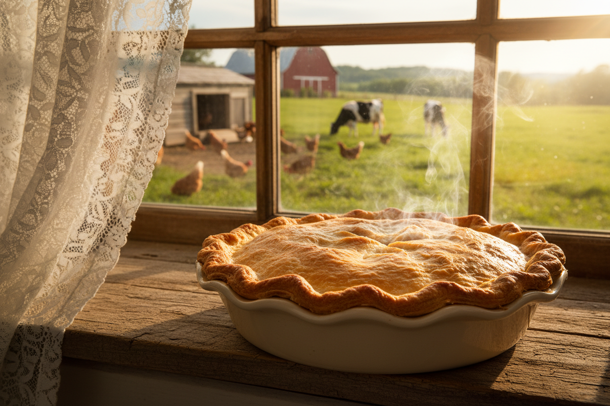 Quiero que me crees la típica imagen de una tarta (de este tipo Chicken Pot Pies) en el quicio de una ventana con una cortina que es movida por el viento y un fondo de granja con animales como si la yaya acabara de hacer la tarta y estuviera a punto de ser robada por uno de los nietos que no puede esperar para comersela, debe parecer deliciosa y caliente