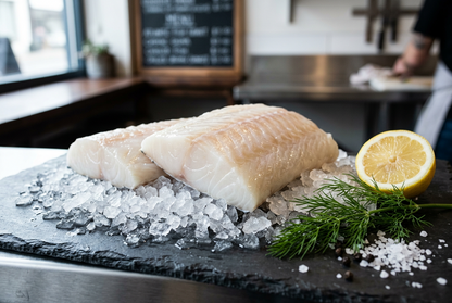 Raw cod loin on crushed ice