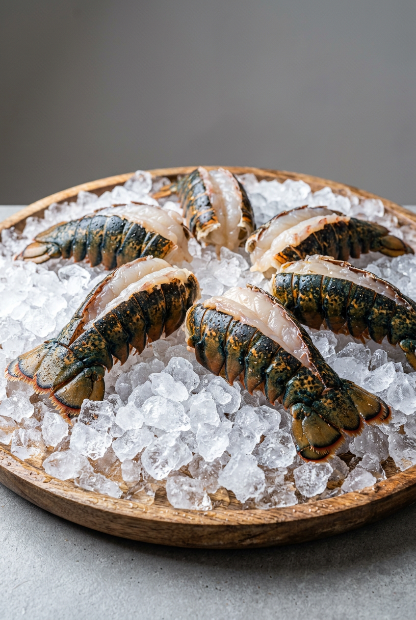 Raw lobster tails on crushed ice