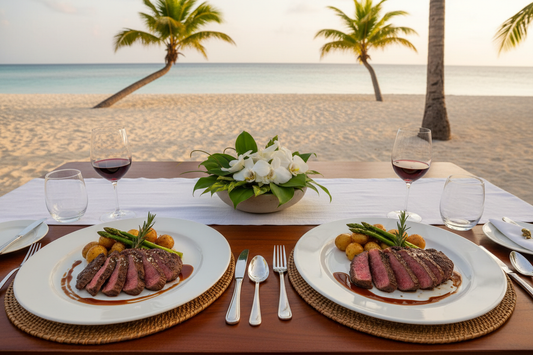 Ribeye Steaks in a paradise private island, on a table with the beach in the background