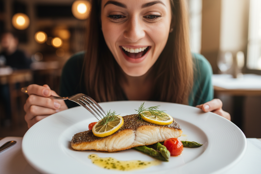 Sea Bass is one of the favorite plates of this person in the picture that is just excited of watching what he has for eat in front of him... I want to see him as happy as fuck