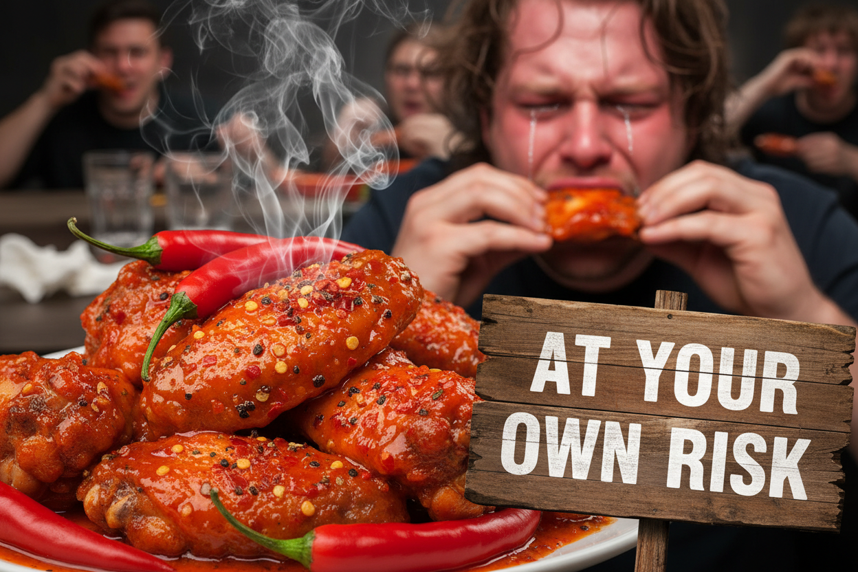 Spicy Wings - Fully Cooked - Really really spicy you can see it in the image and with a person in an eating spicy contest close for crying and with some funny board that says: at your own risk