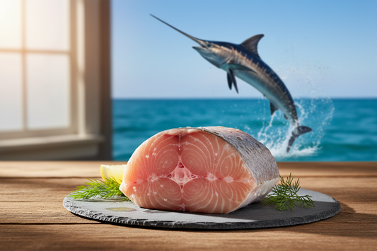 Swordfish Steaks could be one of the most special plates and delicious that a human can try because it's exotic so I would like to see a raw piece into a table with good illumination and behind should be a Swordfish jumping simulating the sensation of from the sea to the table