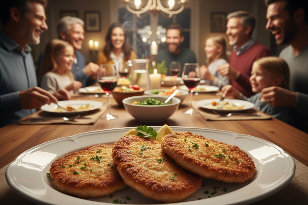 Veal Cutlets - Not sure what's this but sounds delicious and this is what I want to transmit to our clients when they see the image, I can see an entire family creating beautiful memories together around this meal, but the Veal Cutlets should be in the front line